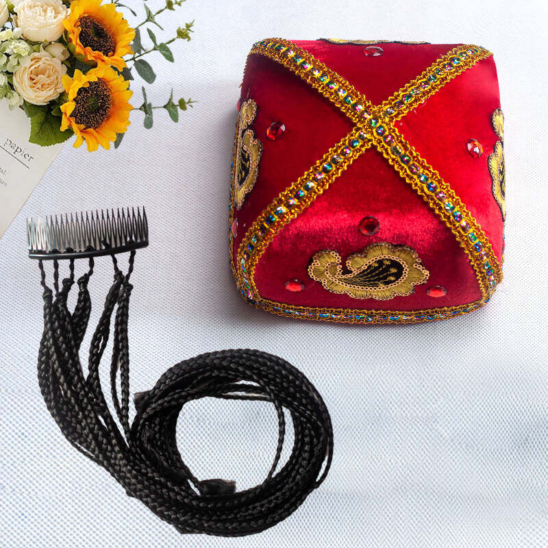 新疆四角带辫子小花帽男女成人帽子演出头饰维族舞蹈民族帽辫子帽