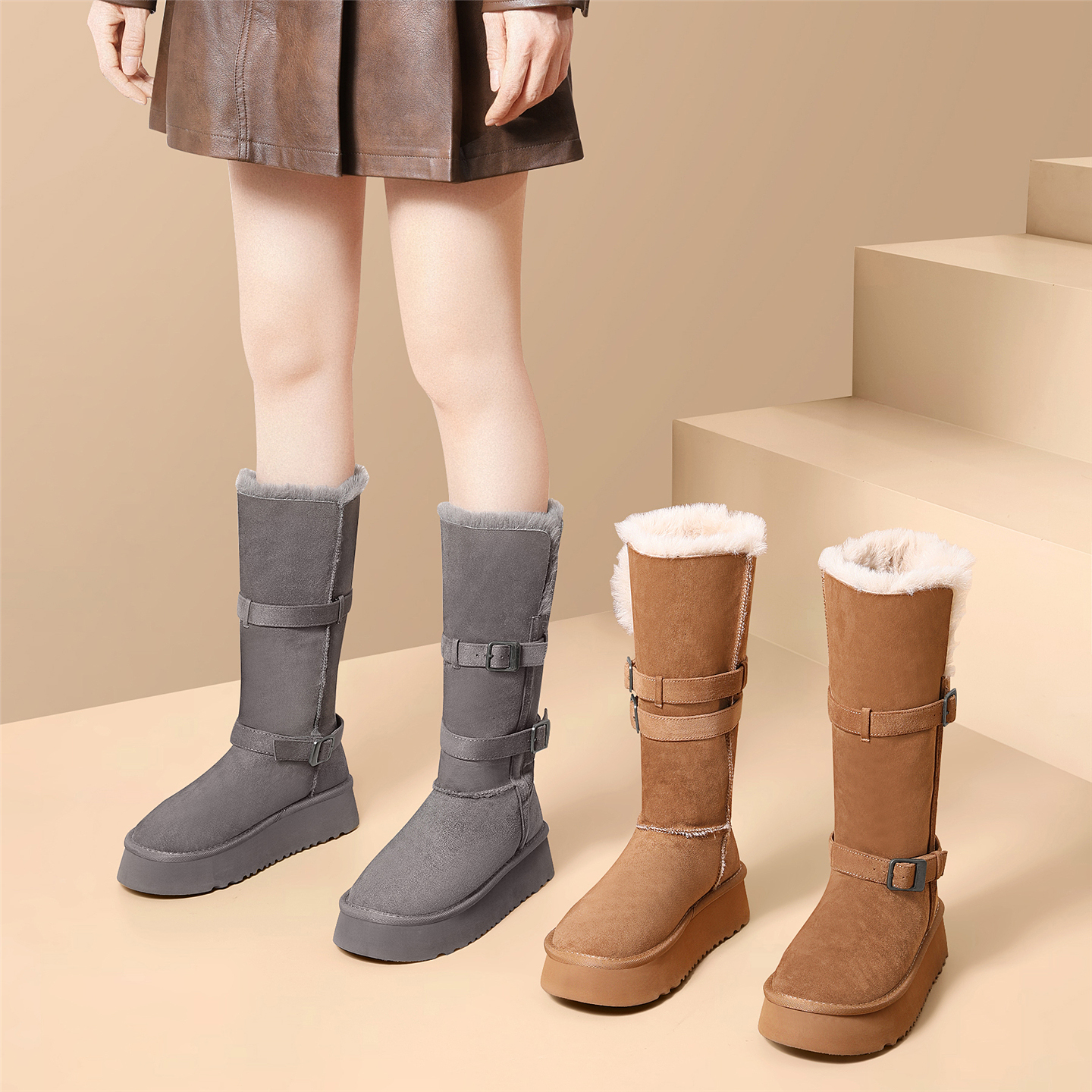 金丝兔英伦风皮带扣厚底中筒靴女