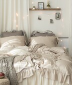 韩国进口奶茶色荷叶边法式 风奶油风ins浪漫丝滑柔软四件套床品