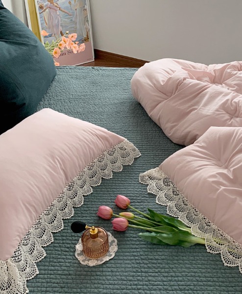 韩国进口INS粉色可爱蕾丝浪漫公主气氛床品套件