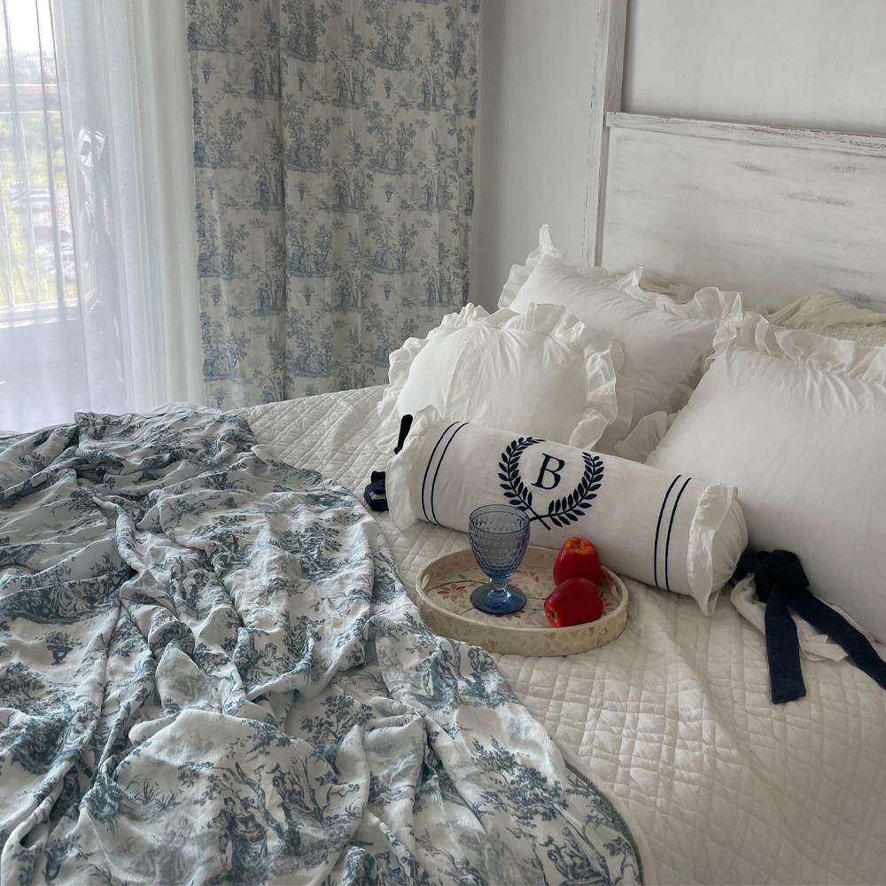 韩国进口棉麻文艺复兴复古棉麻人物画褶皱法式窗帘