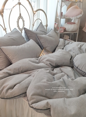 韩国进口灰色棉麻英伦绅士风海军蓝绒球四季被子件套床品