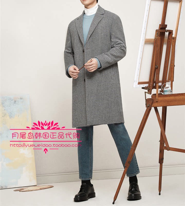 直邮mind bridge冬男装韩国代购海报夹棉千鸟格毛呢大衣muca7101