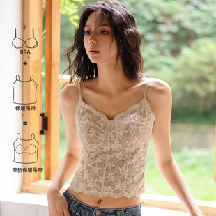 法式蕾丝内衣女秋冬季打底内搭一体带胸垫免穿文胸磨毛加绒吊带衫
