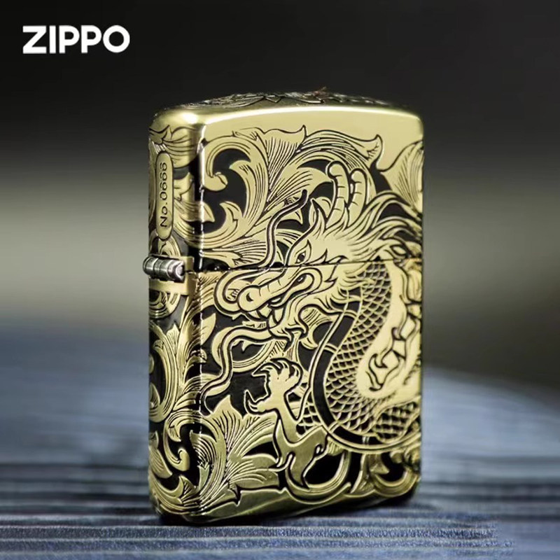 Zippo官网正版打火机 黑金唐草龙限量版盔甲手工填漆防风煤油芝宝
