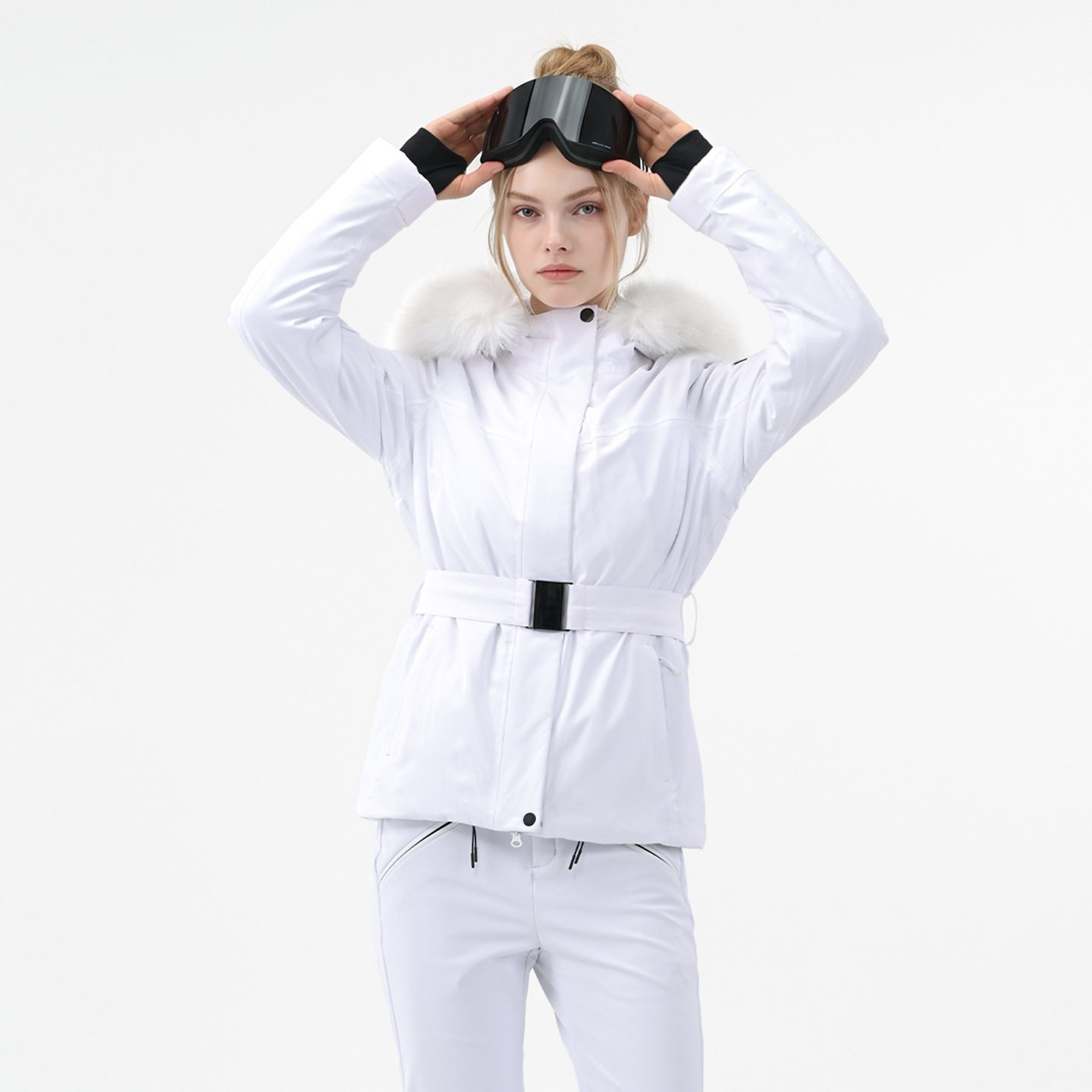 新款滑雪服女款防水防风加厚冬季外贸毛领收腰双板修身滑雪服外套