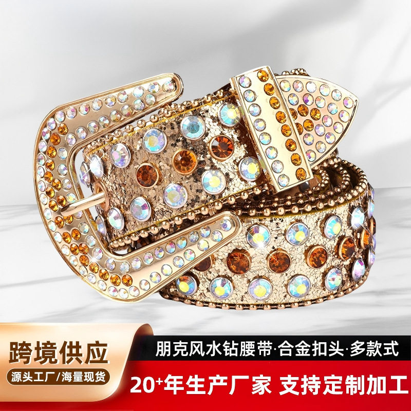 跨境欧美女士皮带镶钻腰带个性水钻宽腰封合金仿皮针扣朋克风裤带
