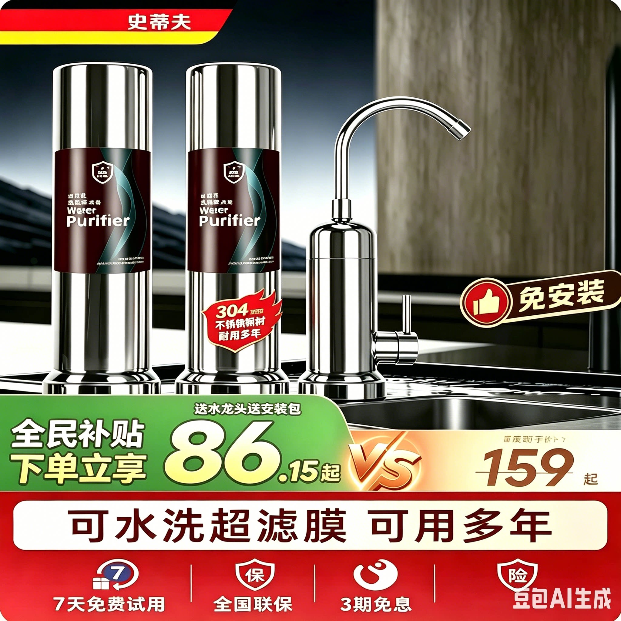 史蒂夫净水器家用厨房台上直饮自来水龙头过滤器井水滤机陶瓷阻垢