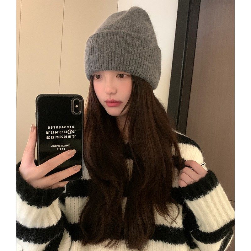 秋冬宽松边保暖护耳帽子女百搭显脸小毛线帽简约大头围针织帽冷帽