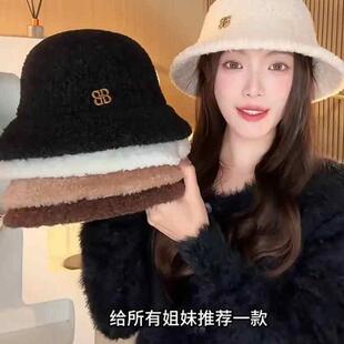 新款羊羔绒渔夫帽子女秋冬大头围毛绒韩版时尚百搭显脸小保暖盆帽