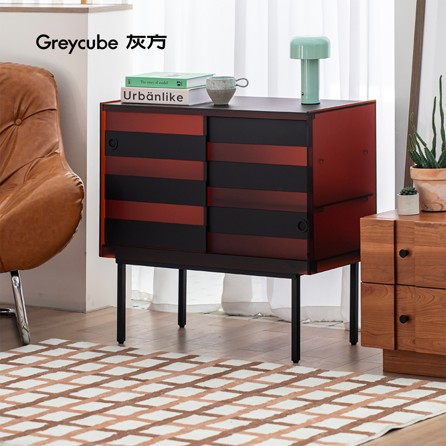 灰方亚克力餐边柜条纹收纳柜卧室客厅沙发置物柜中古风简约储物柜