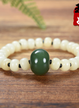 俄罗斯和田玉/老坑菠菜绿/猫眼/碧玉老型珠/星月菩提手串/16.52克