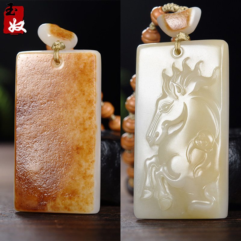 新疆玉龙喀什河枣红皮籽料和田玉/名师雕刻/马上封侯/平安无事牌