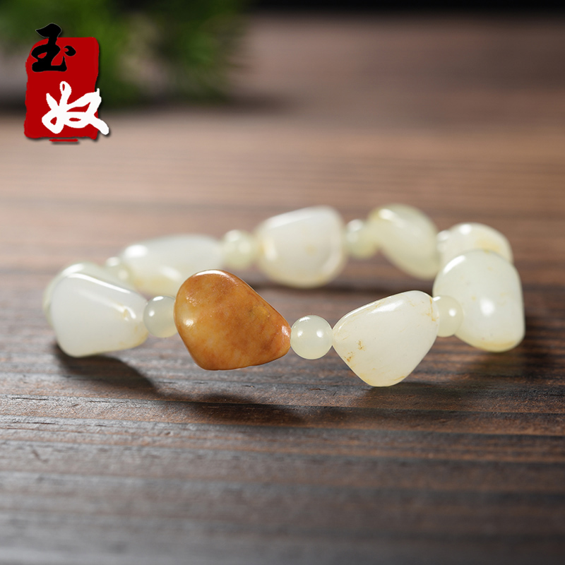 新疆玉龙喀什河洒金皮籽料和田玉/原皮原色原孔独籽手串/30.57克