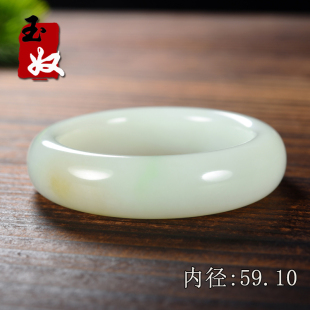 新疆且末县天然一口糖带明艳翠和田玉/羊脂白玉/加宽加厚手镯/59