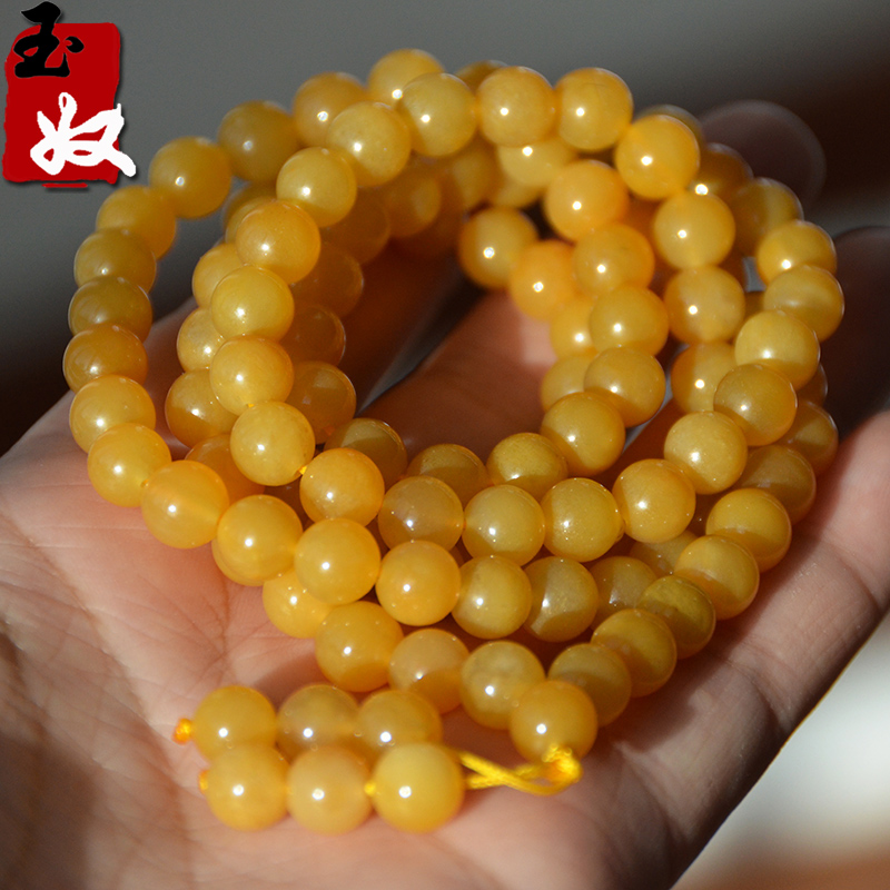 新疆天然金丝玉/鸡油明黄色/地表彩玉细冻料/108颗圆珠手串/项链