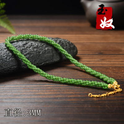 俄罗斯老坑料冰底苹果绿碧玉/3mm圆珠/扭扭锁骨项链/18.97克