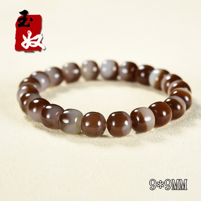 新疆且末县金山矿天然巧克力糖白和田玉/9*9mm老型珠手串/25.62克
