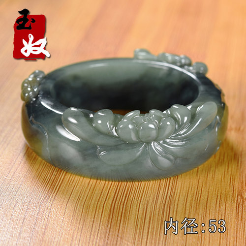 新疆玉龙喀什河楼兰色青花带糖籽料和田玉/荷花/雕花宽条手镯/53