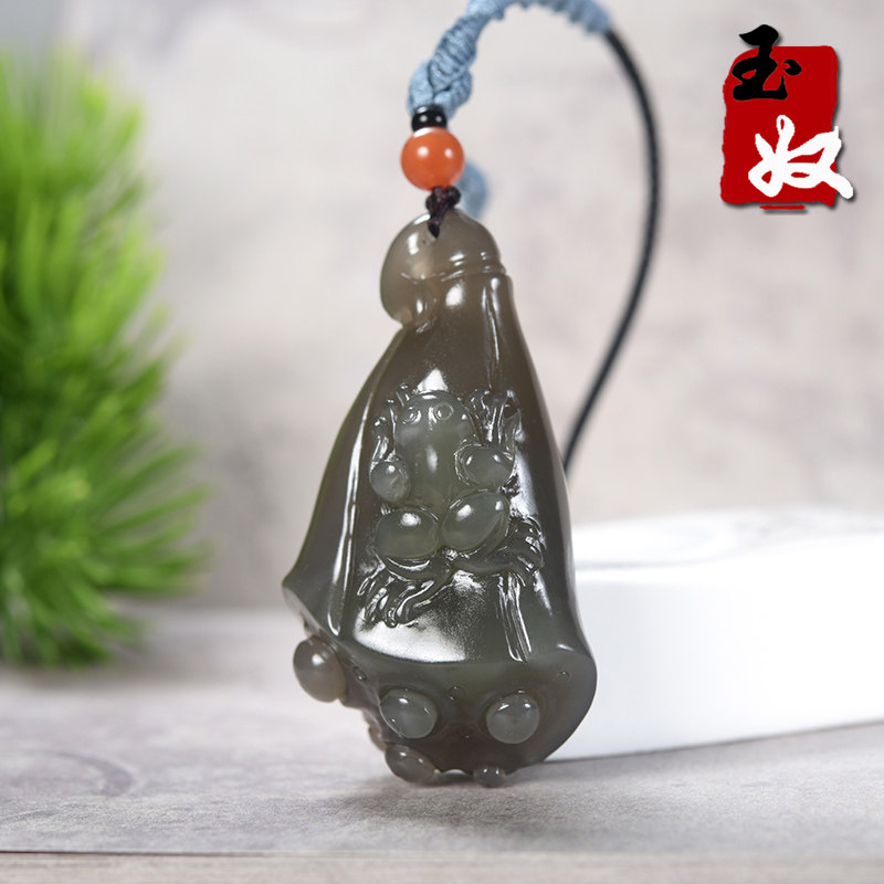 青海天然冰底起胶烟紫带翠老坑料和田玉/莲蓬/青蛙/吊坠/31.62克