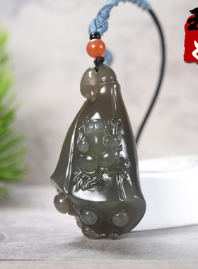 青海天然冰底起胶烟紫带翠老坑料和田玉/莲蓬/青蛙/吊坠/31.62克