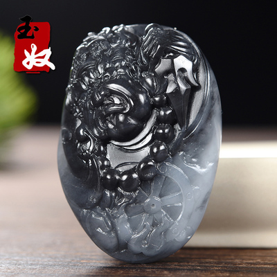 新疆玉龙喀什河天然籽料青花墨玉/不动明王/生肖鸡本命佛/吊坠