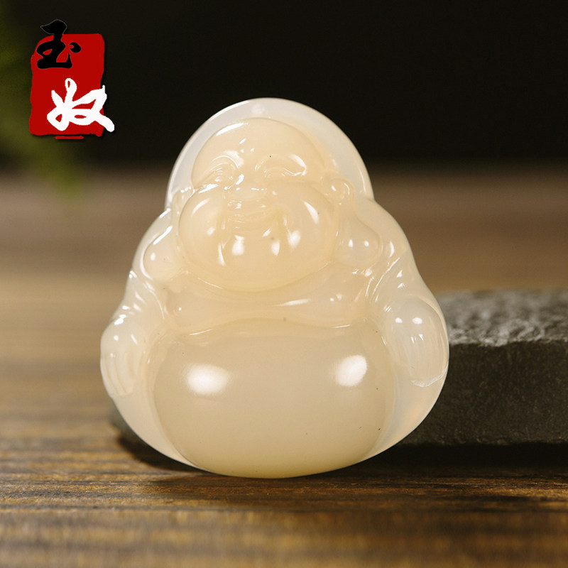 玉奴/青海野牛沟老坑料天然藕粉偏糯粉和田玉/笑佛/吊坠/17.36克图片