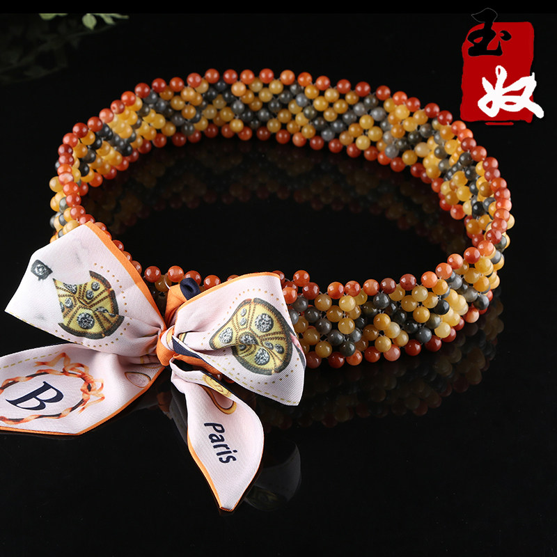 玉奴/新疆天然金丝玉/红黄乌鸦皮/8mm/圆珠彩玉/腰带图片