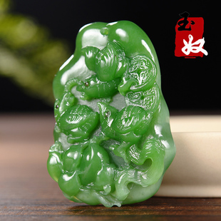 俄罗斯老坑料天然冰底辣阳绿碧玉/生肖鸡/连升三级/吊坠/把件