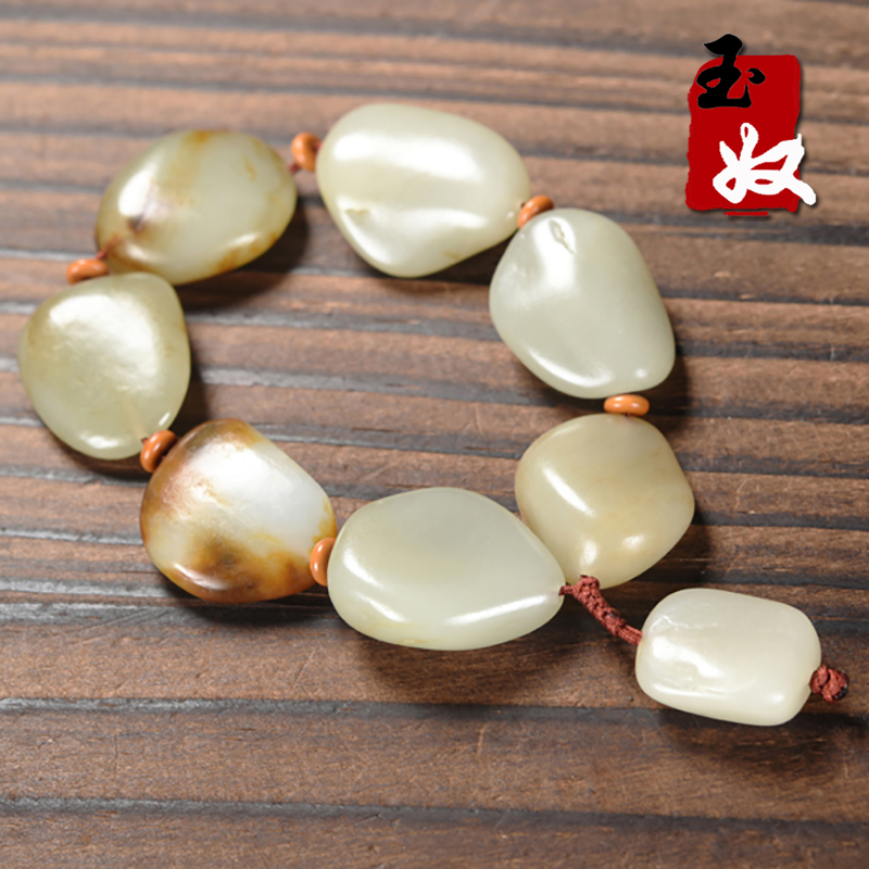 新疆喀什河天然洒金皮/秋梨皮/无修籽料原石和田玉/手串/85.97克