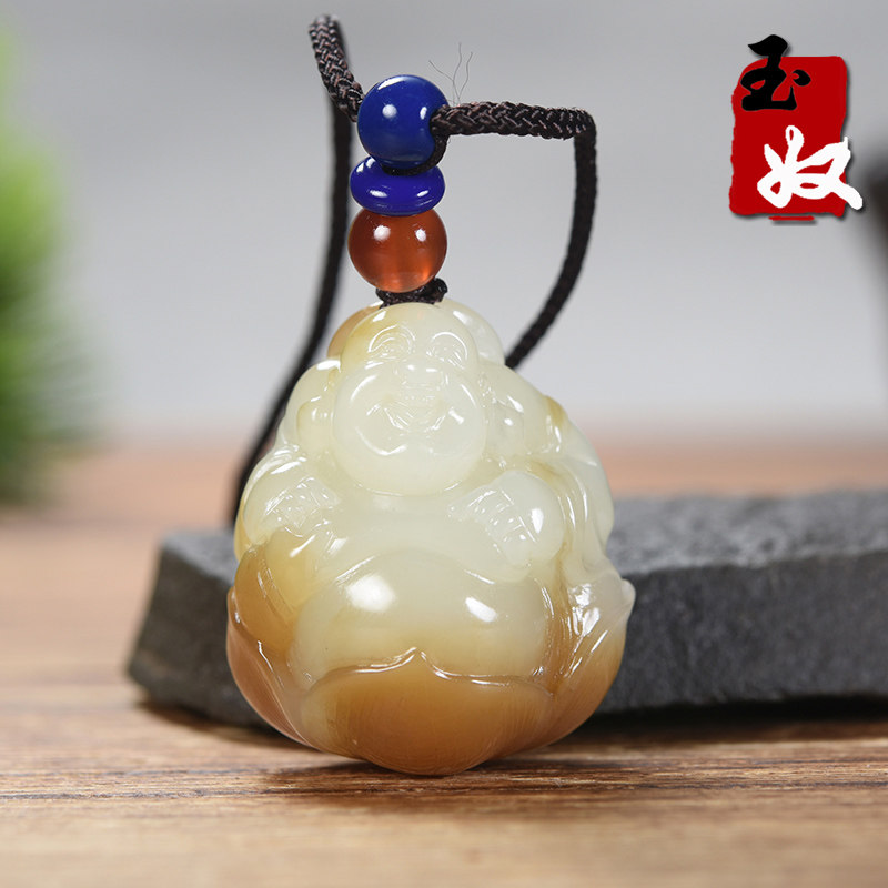 名家/新疆且末县天然和田玉/糖羊脂白玉/立体莲花笑佛/吊坠/21克