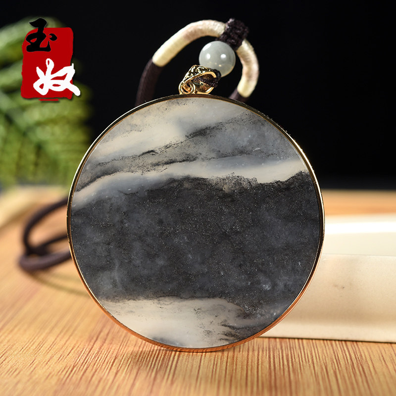 新疆玉龙喀什河青花墨玉籽料/带银沙山水国风平安无事圆牌/吊坠