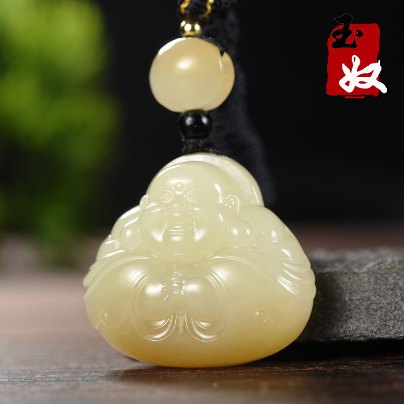 新疆且末县天然和田玉/黄色柔美糖黄玉/笑佛/抱抱佛/吊坠/20.82克