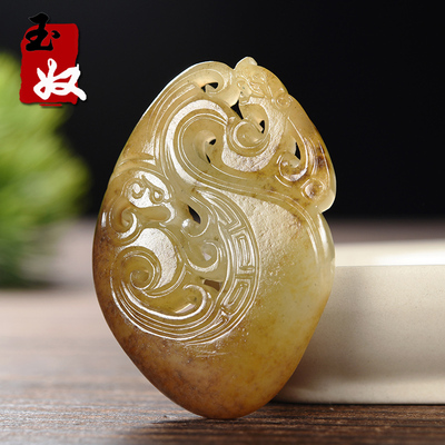 新疆玉龙喀什河天然洒金皮籽料和田玉/仿古龙凤平安牌/吊坠/22克