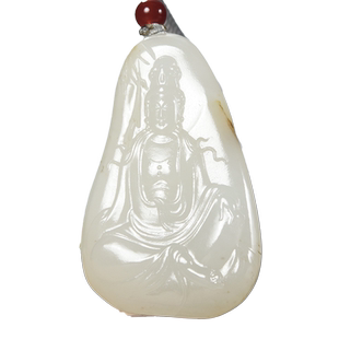 新疆天然和田玉/洒金皮原皮真孔籽料/羊脂白玉/观音/吊坠/34.51克