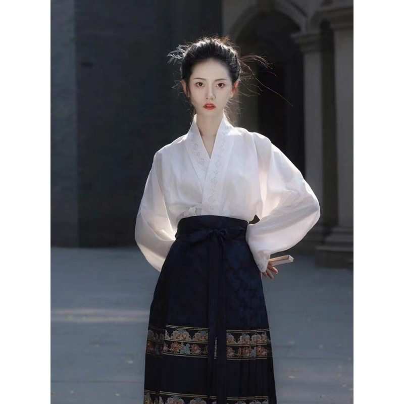 新中式国风马面裙两件套装广袖流仙惊鸿裙十二破裙改良汉服连衣裙