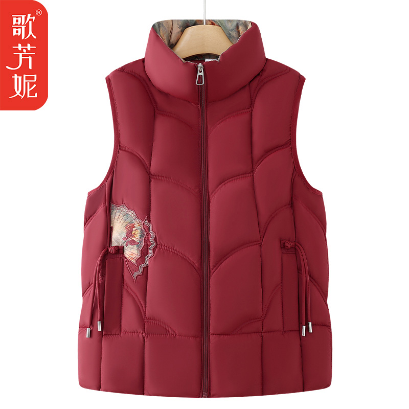 妈妈刺绣国风背心保暖奶奶坎肩棉衣外套冬新款加厚羽绒棉马夹马甲