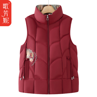 妈妈刺绣国风背心保暖奶奶坎肩棉衣外套冬新款加厚羽绒棉马夹马甲