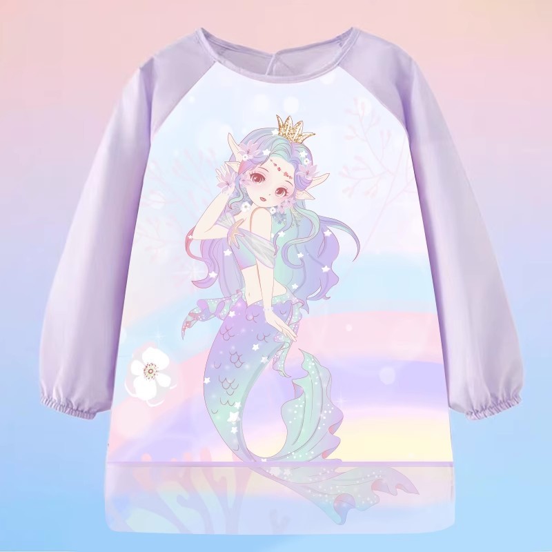 美人魚兒童罩衣畫畫衣服女童圍裙繪畫專用防水反穿衣寶寶女孩圍兜