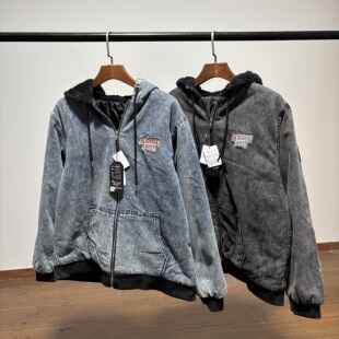 日单外贸男装 纯棉重水洗复古做旧连帽牛仔棉衣宽松外套