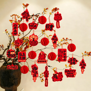 新年装饰品布置用品2026马年小灯笼挂饰卡通吊卡盆栽盆景绿植挂件