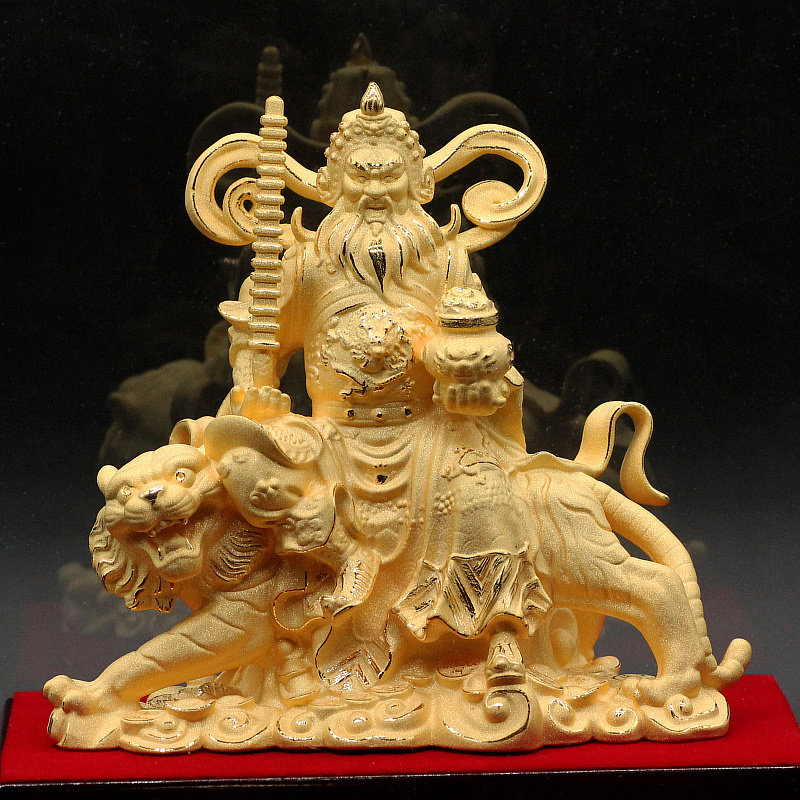 高档绒沙金纯铜赵公明财神骑虎像武财神摆件招财五路财神铜像大号