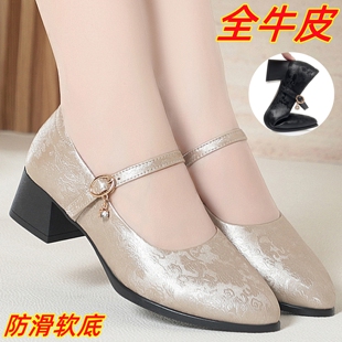 新中式国风女鞋不累脚软底旗袍走秀跳舞鞋真皮配裙子中跟单鞋皮鞋