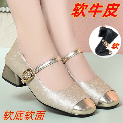 真皮新中式软底软面粗跟女鞋国风