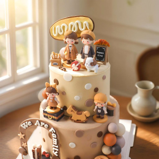 卡通棕色系情侣玩偶宠物小狗小猫摆件休闲装 饰插牌 男孩女孩蛋糕装