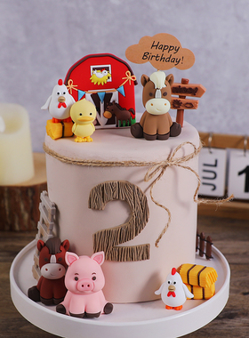 农场系列蛋糕装饰小马小鸡小猪小鸭草垛玩偶摆件木屋马棚软胶插牌