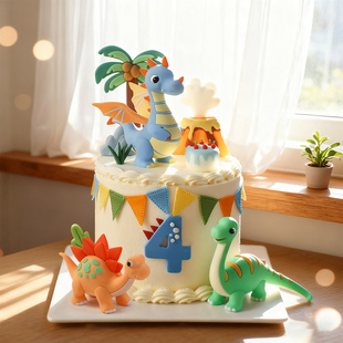 卡通恐龙蛋糕装 饰侏罗纪喷火龙剑龙长颈龙玩偶摆件儿童生日插牌
