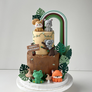 森系蛋糕装饰热带丛林小动物玩偶摆件龟背叶片绿色系彩虹生日插牌
