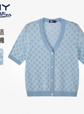 金利来GY舒适好棉V领开衫女蓝色夏季菱格纹短袖针织衫纽扣外套