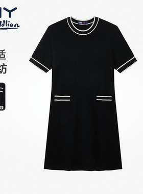 金利来GY千金风黑色连衣裙女圆领短袖A字裙显瘦轻熟优雅女士长群